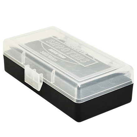 Hinged Top 50 Round Clear With Black Base Ammo Box 380 ACP, 9mm, etc.