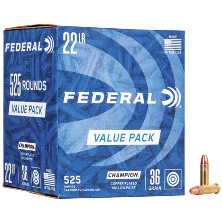 Federal Champion Copper Plated Hollow Point 22 LR 36 Grain High Velocity 525 Rounds