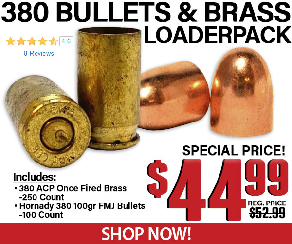 380 Loader Pack (250 Count 380 ACP Once Fired Brass & 250 Count 100 Grain  Hornady FMJ Bullets) by Midsouth Special Buys