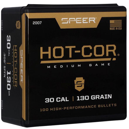 30 Caliber .308 Diameter 130 Grain Hot Cor Flat Nose Soft Point 100 Count