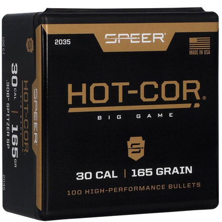 30 Caliber .308 Diameter 165 Grain Hot Cor Spitzer Soft Point 100 Count