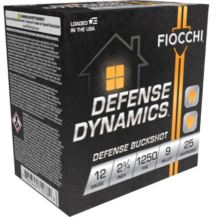 Fiocchi Defense Dynamics 12 Gauge 2 -3/4" Home Defense Buckshot 9 Pellets 25 Rounds