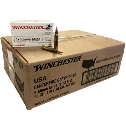 Winchester 5.56mm 55 Grain M193 Lake City Full Metal Jacket 1,000 Rounds (50 Boxes of 20 Rounds ea)